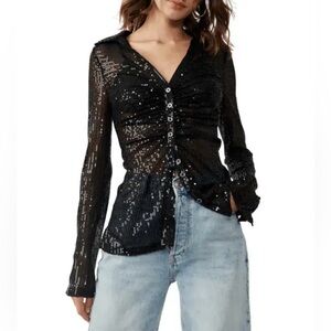 Free People Black Sequin Button Front Top Sheer Layering Blouse Size L NWT